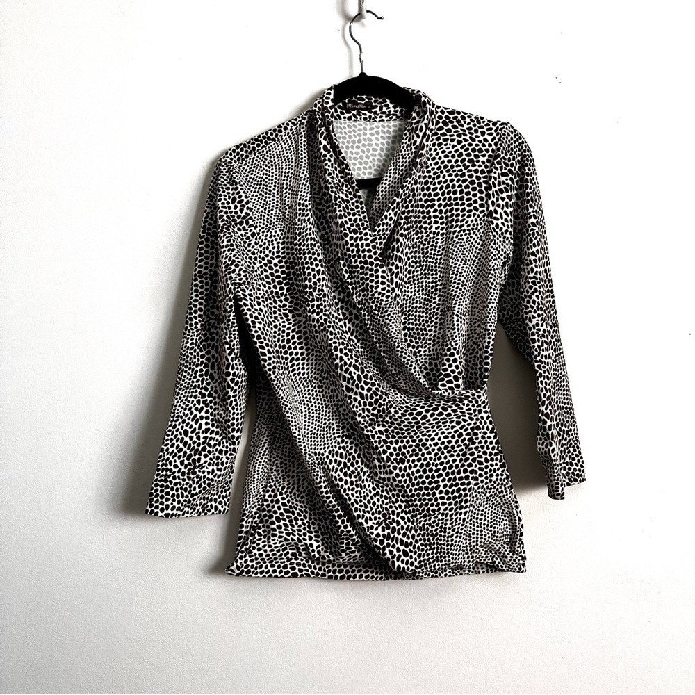 J.McLaughlin Reptile Print Catalina Faux Wrap Blouse Olive Green Ivory